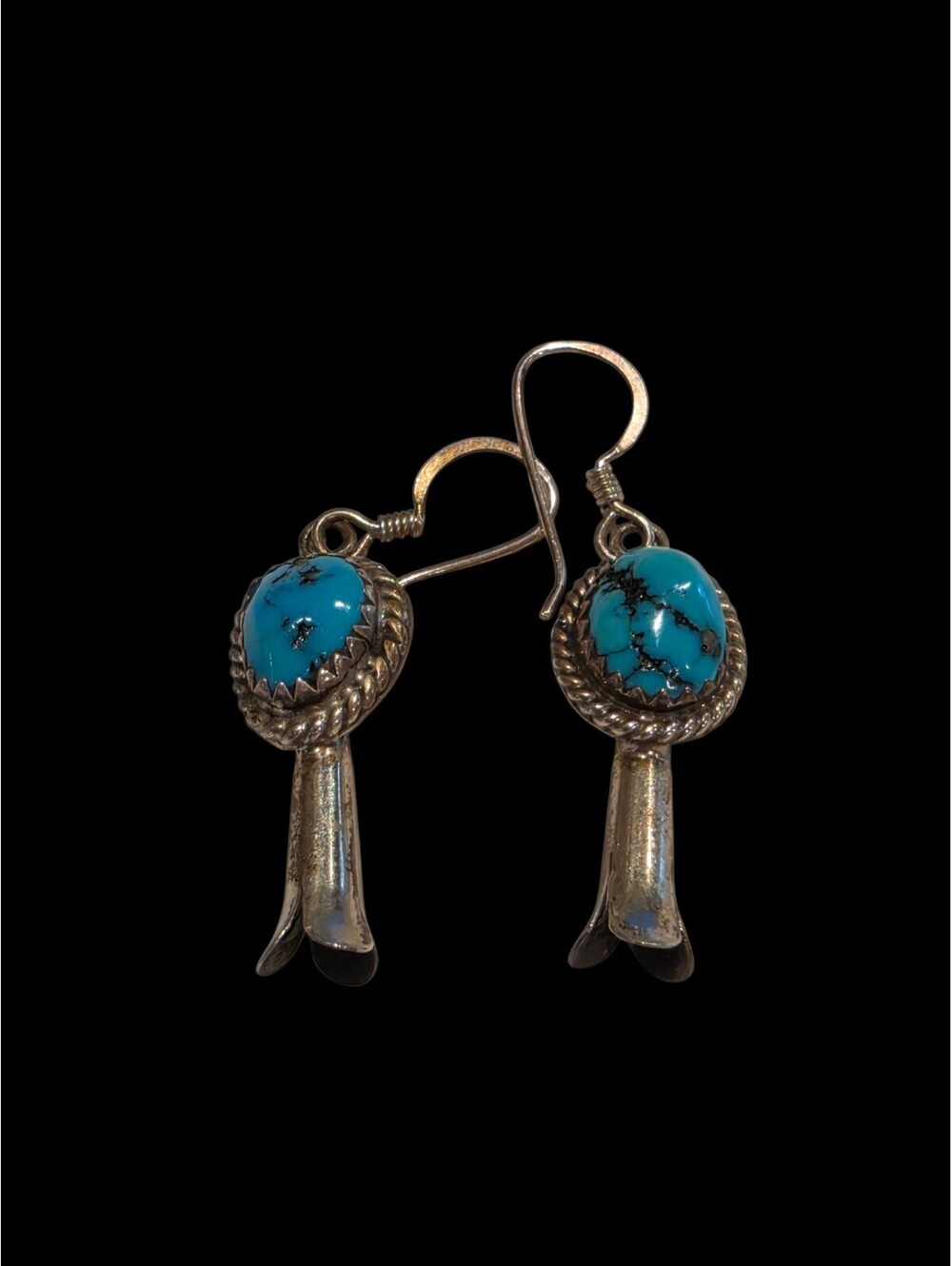 VINTAGE NAVAJO STERLING SILVER GS SQUASH BLOSSOM TURQUOISE DANGLE EARRINGS SIGNE